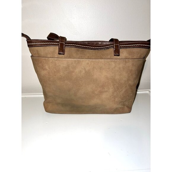 BOC Brown Faux Leather Double Handles Top Zipper Stitched Tote Bag - Picture 5 of 16